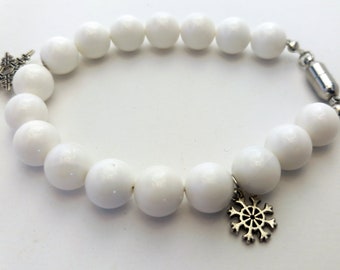 White coral bead bracelet with snowflake pendants