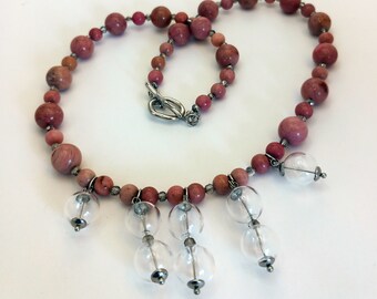 Rhodonite beads with glass pendant