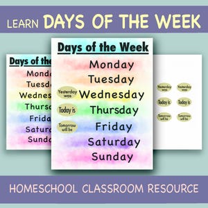Days of the Week Printable, Homeschool Activity Classroom Wall Art Printable Daycare, Preschool Learning, Days of Week Learning PDF & JPG