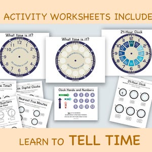 Puede incluir: Hojas de trabajo educativas para aprender a leer la hora. Incluye esferas de reloj, reloj de 24 horas y ejercicios sobre medias horas, cuartos de hora y relojes digitales. El texto "ACTIVITY WORKSHEETS INCLUDED" y "LEARN TO TELL TIME" son visibles.