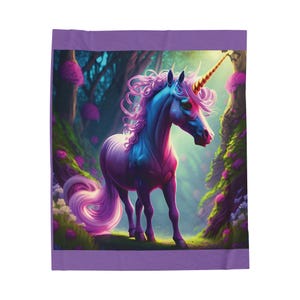 May include: A purple and blue unicorn with a gold horn stands in a magical forest setting. The unicorn has a pink mane and tail, and the forest is filled with lush greenery and flowers.