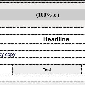 Peut inclure: Modèle de site web simple avec une barre d'en-tête grise qui dit "(100% x)". Le modèle comprend un titre, du texte principal et un bouton qui dit "Test".
