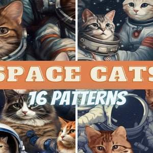 Fondo de impresión con patrón digital de gatitos y gatos espaciales, astronauta
