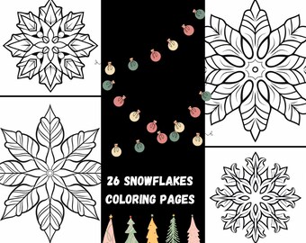 May include: A set of 26 black and white snowflake coloring pages. The pages feature a variety of snowflake designs, perfect for kids and adults to color.