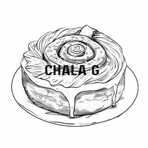 Pode incluir: Um desenho em preto e branco de um pão de canela com cobertura por cima. O texto "CHALA G" está escrito na cobertura.