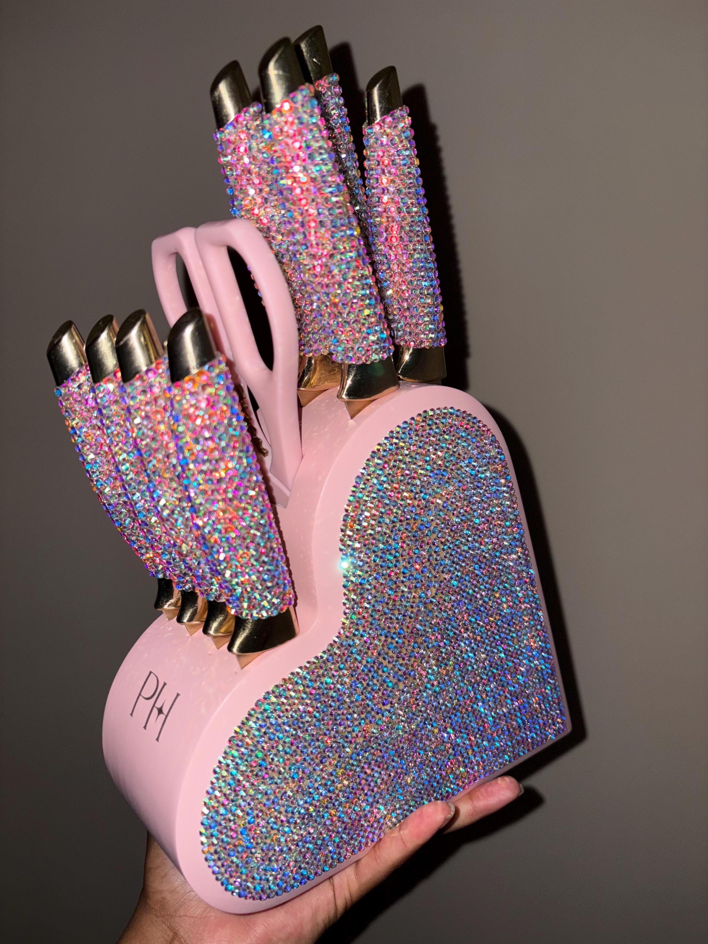 no.1103✨キラキラハートキルティングデザインレジンヘアゴム✨ピンク Bedazzled 10 Piece Cutlery Block Set - Heart Shaped Counter Block