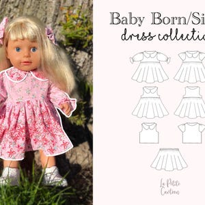 Può includere: Un vestito rosa con colletto bianco e stampa floreale per una bambola Baby Born o Baby Sister. Il vestito ha maniche lunghe con volant ai polsini. La bambola indossa il vestito e ha i capelli biondi e gli occhi azzurri. L'immagine mostra anche una collezione di modelli di vestiti per bambole Baby Born o Baby Sister.