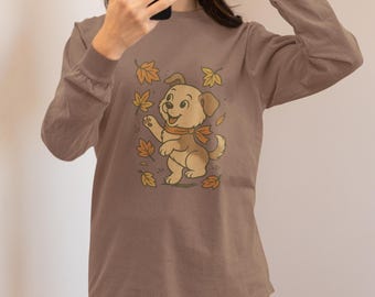 Cute Fall Leaves Puppy Dog Sweatshirt/Hoodie, Womens Shirt, Cute Fall Shirt, Gift For Halloween, Fall Time