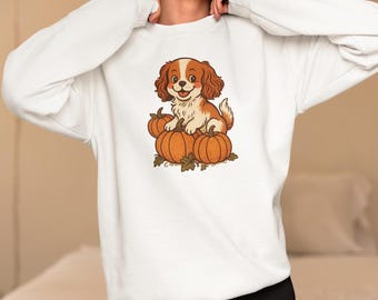 Cute Dog in Pumpkin Patch Hoodie/Sweatshirt, Womens Halloween Shirt, Cute Fall Shirt, Spooky Season Shirt, Gift For Halloween
