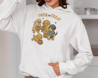 Cute Dogs Trick or Treat Sweatshirt/Hoodie, Womens Halloween Shirt, Cute Fall Shirt, Spooky Season Shirt, Gift For Halloween