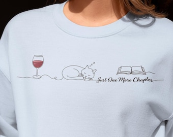 Book Lover Sweatshirt, Cat Wine Line Art, Cozy Unisex Pullover