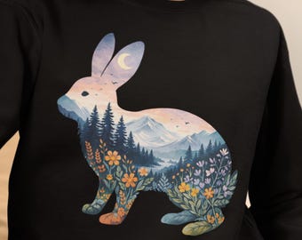 Rabbit Nature Sweatshirt Pullover, Woodland Bunny Art Cozy Sweater, Gift for Her