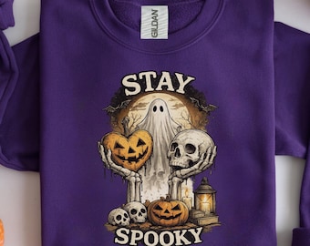 Stay Spooky Halloween Sweatshirt, Ghost Pumpkin Skull Graphic Crewneck, Vintage Spooky Season Halloween Pullover