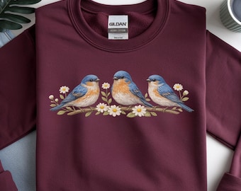 Vintage Bluebird Floral Sweatshirt, Cottagecore Bird Lover Crewneck, Nature Aesthetic Cozy Pullover