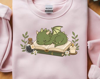 Cute Sleeping Dragon Book Sweatshirt, Fantasy Reader Crewneck, Cozy Book Lover Graphic Pullover