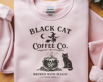 Black Cat Coffee Co Sweatshirt, Witchy Coffee Lover Crewneck, Gothic Halloween Cat Graphic Pullover, Brewed With Magic