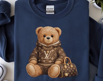 Luxury Teddy Bear Sweatshirt, Designer Inspired Cute Bear Crewneck, Fashion Animal Graphic Pullover