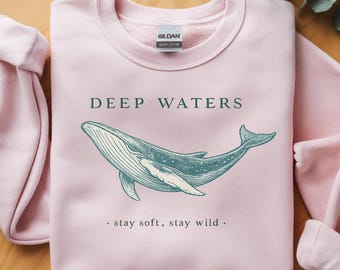 Deep Waters Whale Sweatshirt, Vintage Ocean Whale Graphic Crewneck, Coastal Nature Wildlife Aesthetic Pullover