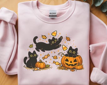 Schattige zwarte kat halloween-sweater, pompoenkat herfstshirt, cadeau spooky kattenliefhebber, herfstafbeelding ronde hals