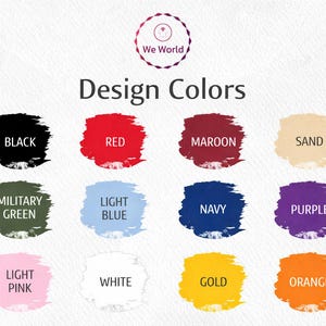 Op de afbeelding: Een kleurenkaart getiteld Design Colors met twaalf verfstalen in zwart, rood, bordeaux, zand, legergroen, lichtblauw, marineblauw, paars, lichtroze, wit, goud en oranje. Het logo We World staat bovenaan in het midden op een witte achtergrond.