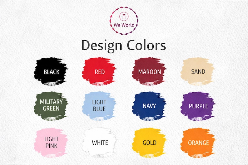 Op de afbeelding: Een kleurenkaart getiteld Design Colors met twaalf verfstalen in zwart, rood, bordeaux, zand, legergroen, lichtblauw, marineblauw, paars, lichtroze, wit, goud en oranje. Het logo We World staat bovenaan in het midden op een witte achtergrond.