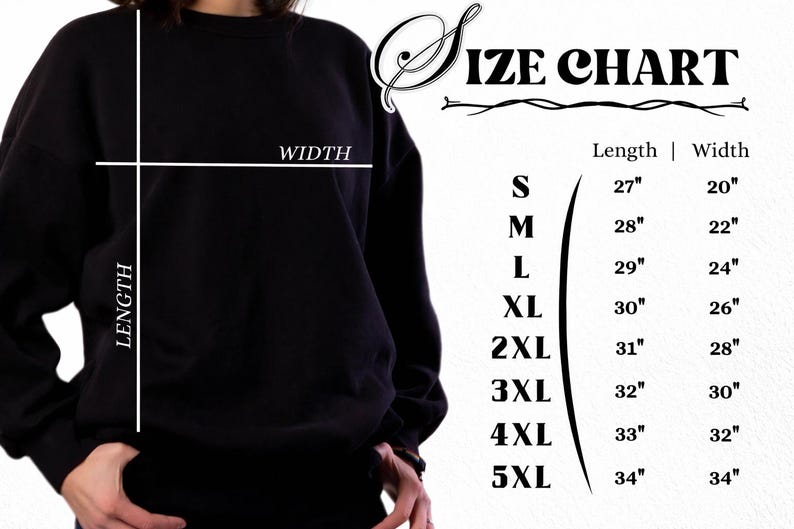 Op de afbeelding: Een zwart sweatshirt met ronde hals naast een maattabel. De tabel toont de maten S tot en met 5XL met de bijbehorende lengte- en breedtematen in inches, vari&euml;rend van 27 bij 20 inch tot 34 bij 34 inch.