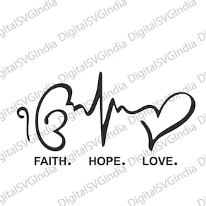 Puede incluir: Diseño gráfico negro sobre fondo blanco. Representa una línea de monitor de frecuencia cardíaca que termina en forma de corazón. Las palabras "FAITH. HOPE. LOVE." están en negrita.