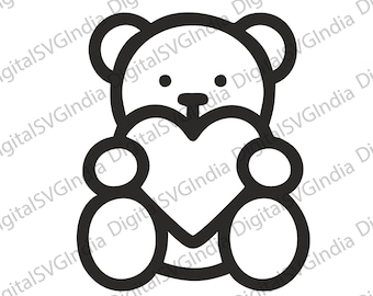 Osito de peluche con corazón (SVG, clipart, contorno, descarga digital)