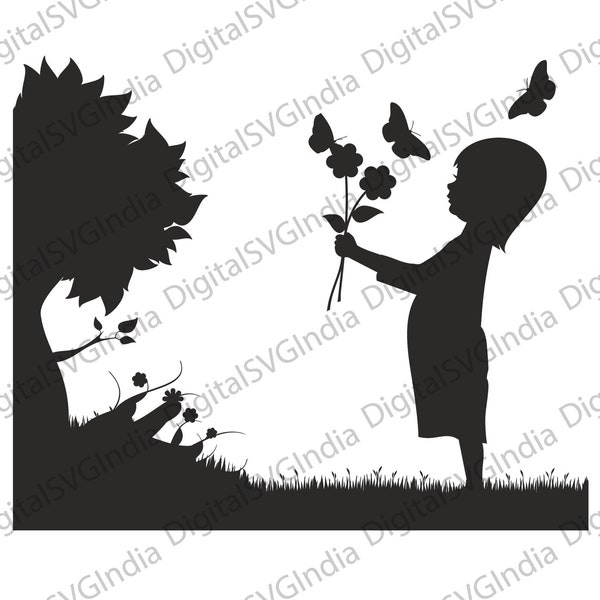 Child Forest Clipart, Forest Silhouette, Trees svg Bundle, Trees Silhouette svg, Forest Outdoor svg, Camping svg, Child butterfly Silhouette