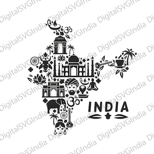 May include: A black and white illustration of the map of India, filled with iconic symbols like the Taj Mahal, an elephant, and the word "INDIA". The design includes cultural elements and landmarks.