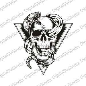 May include: A monochrome illustration featuring a skull entwined by a snake, framed within a triangle. The snake's mouth is open, and the skull's teeth are visible. The design is intricate and graphic.