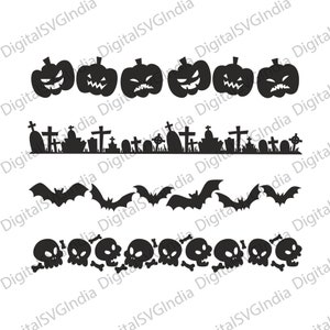 May include: Black Halloween-themed digital illustrations. The image features a row of jack-o'-lanterns, a graveyard scene with crosses and tombstones, a line of bats in flight, and a row of skulls with bones.