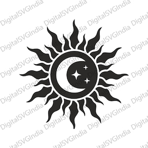 May include: A black and white celestial design featuring a sun with stylized flames surrounding a crescent moon and two stars. The design is a vector graphic, suitable for various applications.