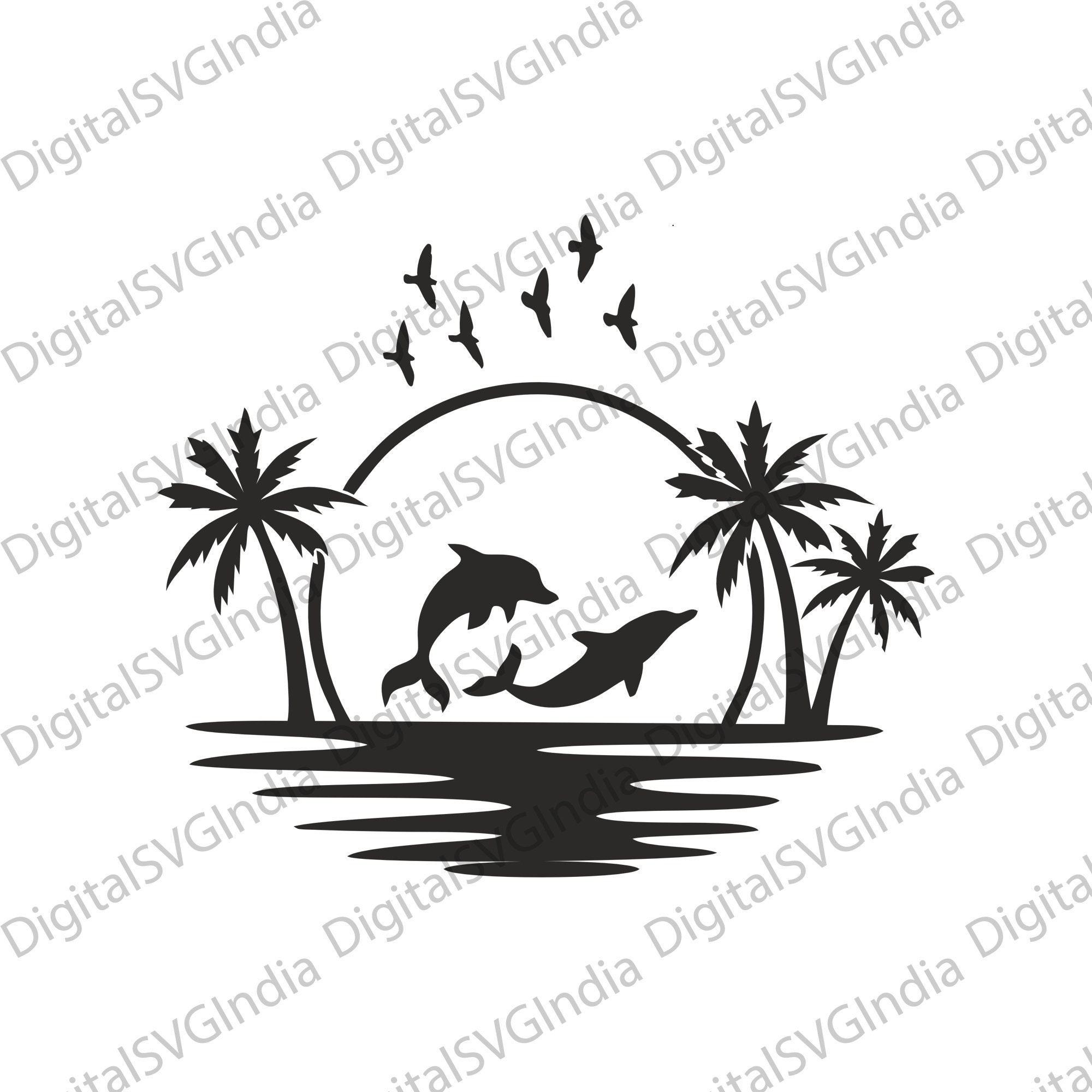 Dolphin Palm Tree Sunset, Ocean Scene Svg, Beach Scene Svg, Ocean