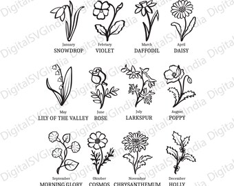 Pacote de imagens SVG de flores do mês de nascimento, clipart de flores silvestres (download digital)