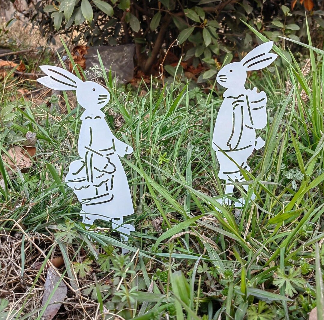 Lover Rabbit Metal Stakes, 2 White Bunny Silhouettes, Backyard Art ...