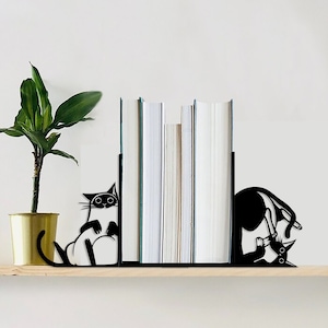 Personalized Bookends, Cut Cat Bookend, Custom Metal Book Ends, Unique Gifts for Kids Room, Personalized Gift, Art Metal Black Book Ends image 1