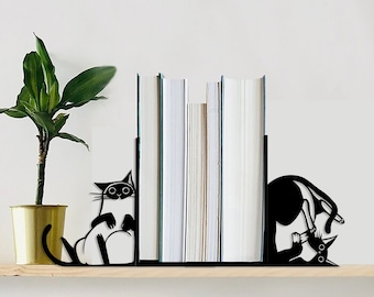 Serre-livres personnalisés, serre-livres de chat coupé, serre-livres en métal personnalisés, cadeaux uniques pour chambre d'enfant, cadeau personnalisé, serre-livres noirs en métal d'art