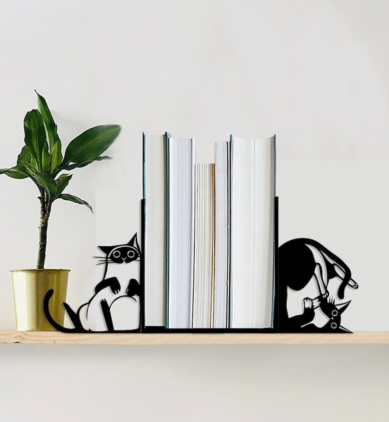 Personalisierte Buchstützen, geschnittene Katzen-Buchstütze, benutzerdefinierte Metall-Buchstützen, einzigartige Geschenke für Kinderzimmer, personalisiertes Geschenk, Kunst-Metall-Schwarz-Buchstützen Bild 1