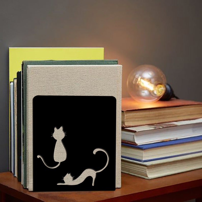 Personalized Bookends, Cut Cat Bookend, Custom Metal Book Ends, Unique Gifts for Kids Room, Personalized Gift, Art Metal Black Book Ends image 4