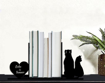 Dog and Cat Bookend, Funny Design Bookends, Animal Lover Metal Book Ends, Unique Gifts for Pet Lover, Custom Pets Name Bookends