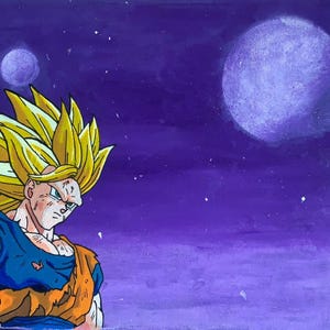 Puede incluir: Una ilustración pintada a mano de un personaje de anime con cabello rubio y puntiagudo, que lleva un atuendo azul y naranja, sobre un fondo de cielo nocturno estrellado morado.