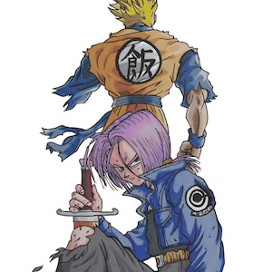 Puede incluir: Un personaje de anime de pelo morado con una espada, que lleva una chaqueta azul con un símbolo de bola de dragón, está de pie frente a un personaje de anime rubio que lleva un gi naranja con el kanji de "Goku" en la espalda.