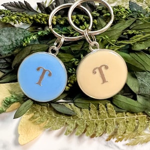 May include: Two keyrings with silver rings and round, coloured charms. The charms are light blue and cream coloured with a silver letter "T" on each.