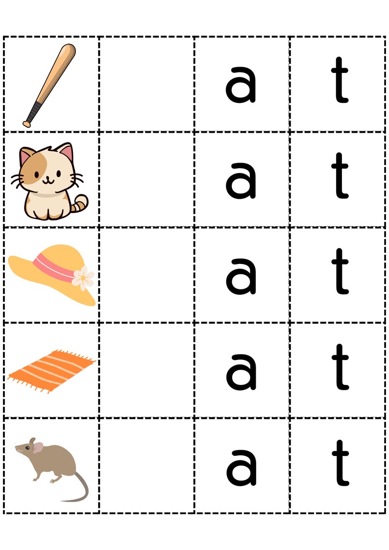 Op de afbeelding: Een set van vijf flashcards met afbeeldingen van een honkbalknuppel, een kat, een zonnehoed, een gestreept kleed en een muis. Elke kaart heeft de letters 'a' en 't' erop gedrukt.