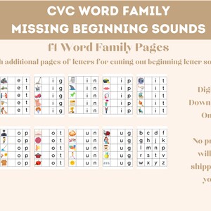 Op de afbeelding: Een set van 14 printbare CVC-woordfamiliepagina's voor kinderen. Elke pagina bevat een andere woordfamilie, zoals 'en', 'ig', 'in', 'ip', 'it', 'og', 'op', 'ot', 'un', 'ug'. De pagina's zijn ontworpen om kinderen te helpen leren lezen en spellen door de beginklanken van woorden te identificeren.