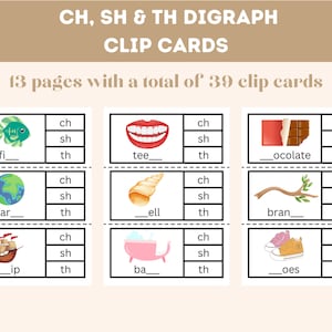 Actividad con tarjeta con clip para dígrafos, dígrafos Sh, Ch, Th, DESCARGA DIGITAL, Imprimible, Reconocimiento de letras