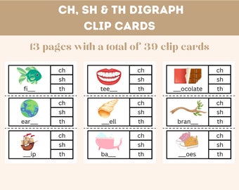 Digraph-clipkaartactiviteit, Sh, Ch, Th Digraphs, DIGITALE DOWNLOAD, Afdrukbaar, Letterherkenning