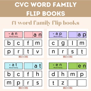 CVC Word Family Flip Book Actividad, Alfabetización, Lectura, DIGITAL, IMPRIMIBLE, Conjunto de 14 Flip Books