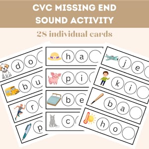 Actividad de sonido final faltante CVC, alfabetización, lectura, IMPRIMIBLE, juego de 28 tarjetas con letras faltantes